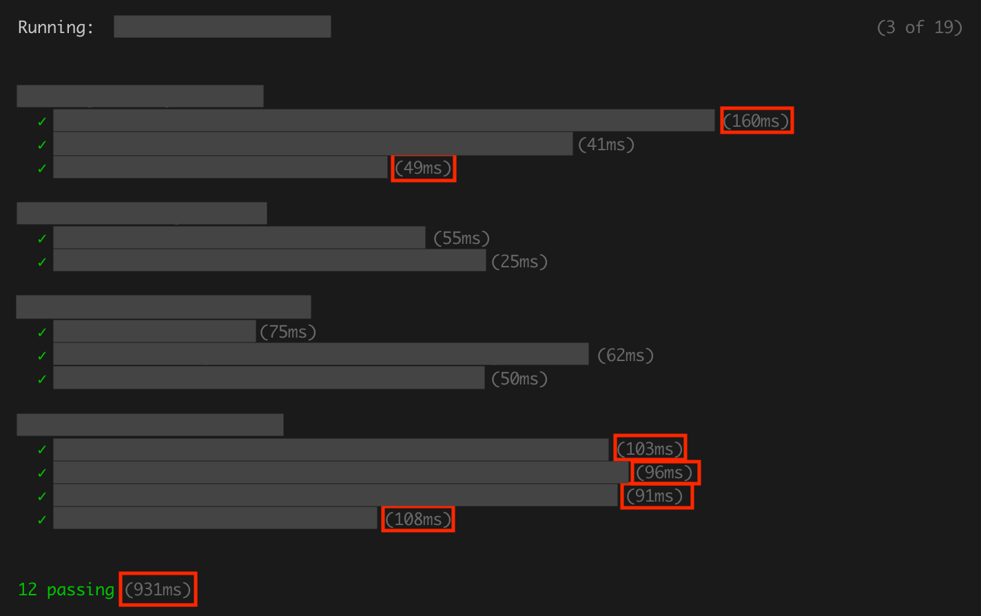 Screenshot of test file 1 summary showing fast-running tests