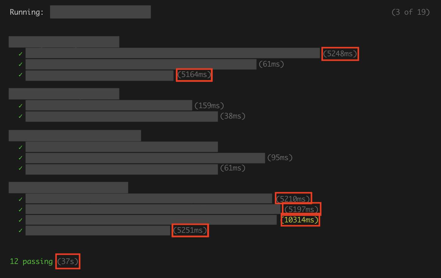 Screenshot of test file 1 summary showing slow-running tests